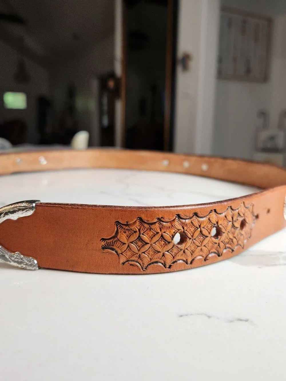 Vintage Size 40 Cuadra Tooled Tan Leather Western Concho Belt
